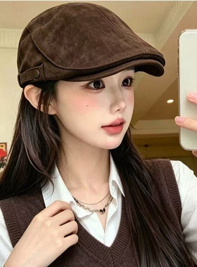 韩系美拉德秋冬麂皮绒前进帽女