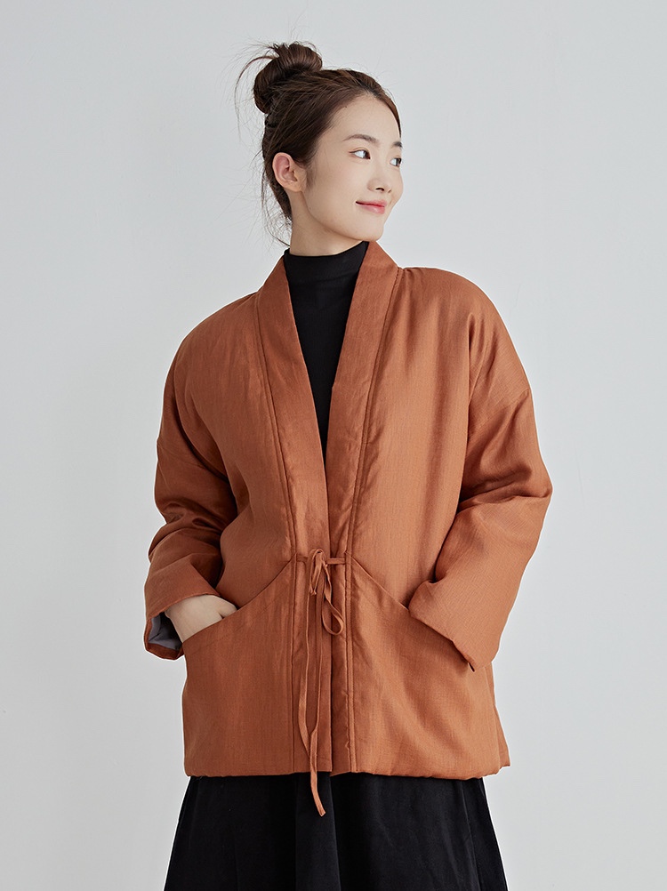 原创亚麻秋冬棉衣女复古宽松系带开衫棉服交领纯色加厚保暖短外套