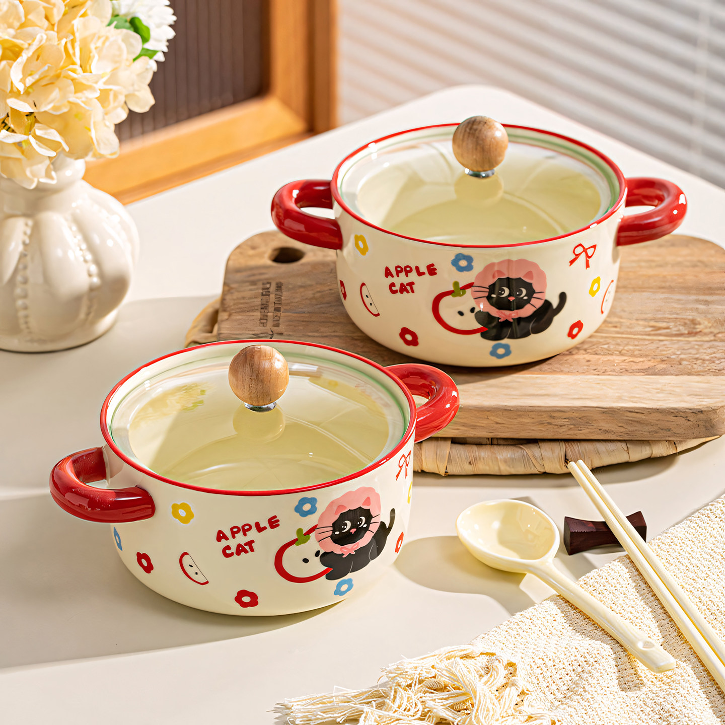 可爱陶瓷泡面碗带盖餐具学生宿舍大容量面碗个人专用双耳高颜值,淘宝优惠券,粉丝福利购,淘宝优惠卷