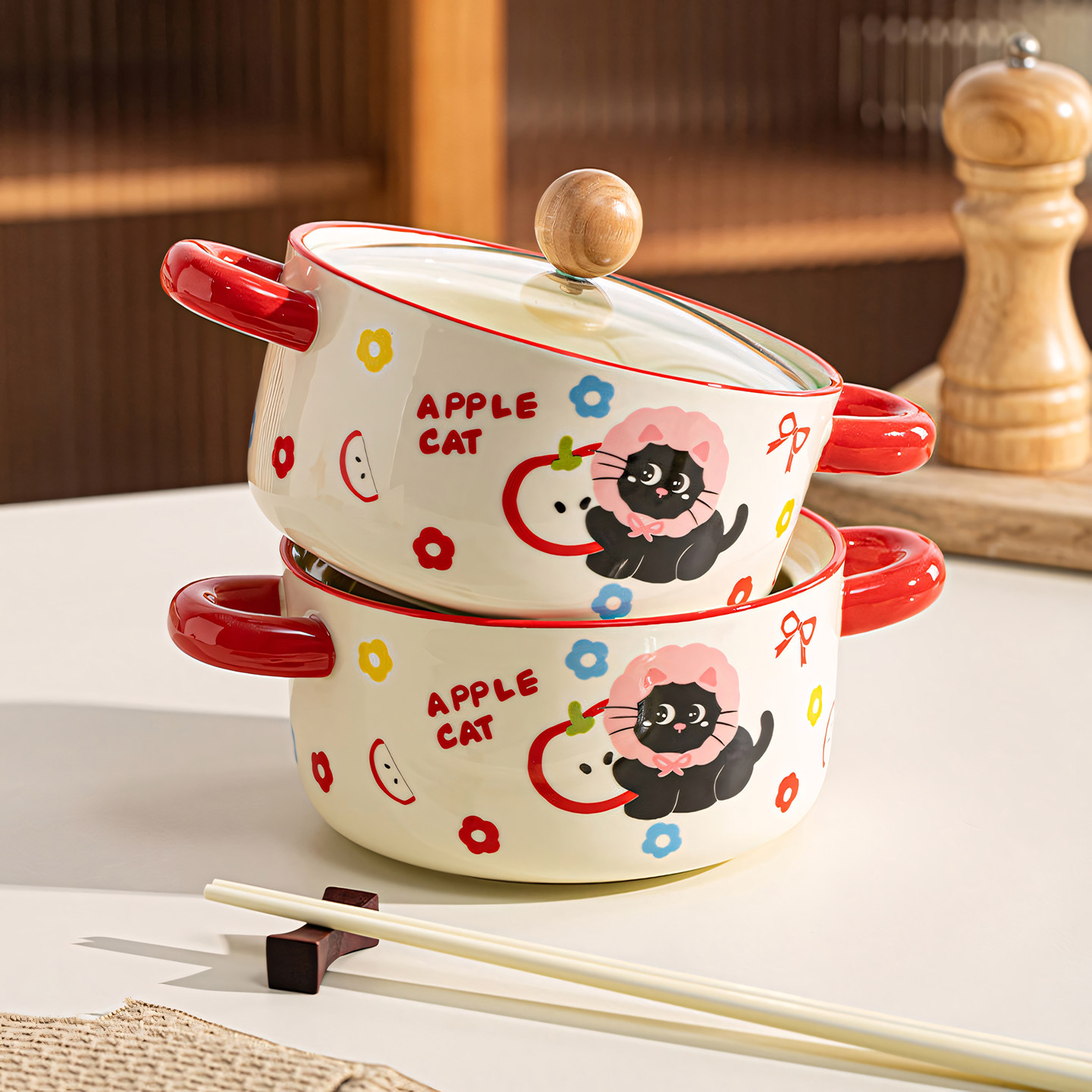 可爱陶瓷泡面碗带盖餐具学生宿舍大容量面碗个人专用双耳高颜值,淘宝优惠券,粉丝福利购,淘宝优惠卷