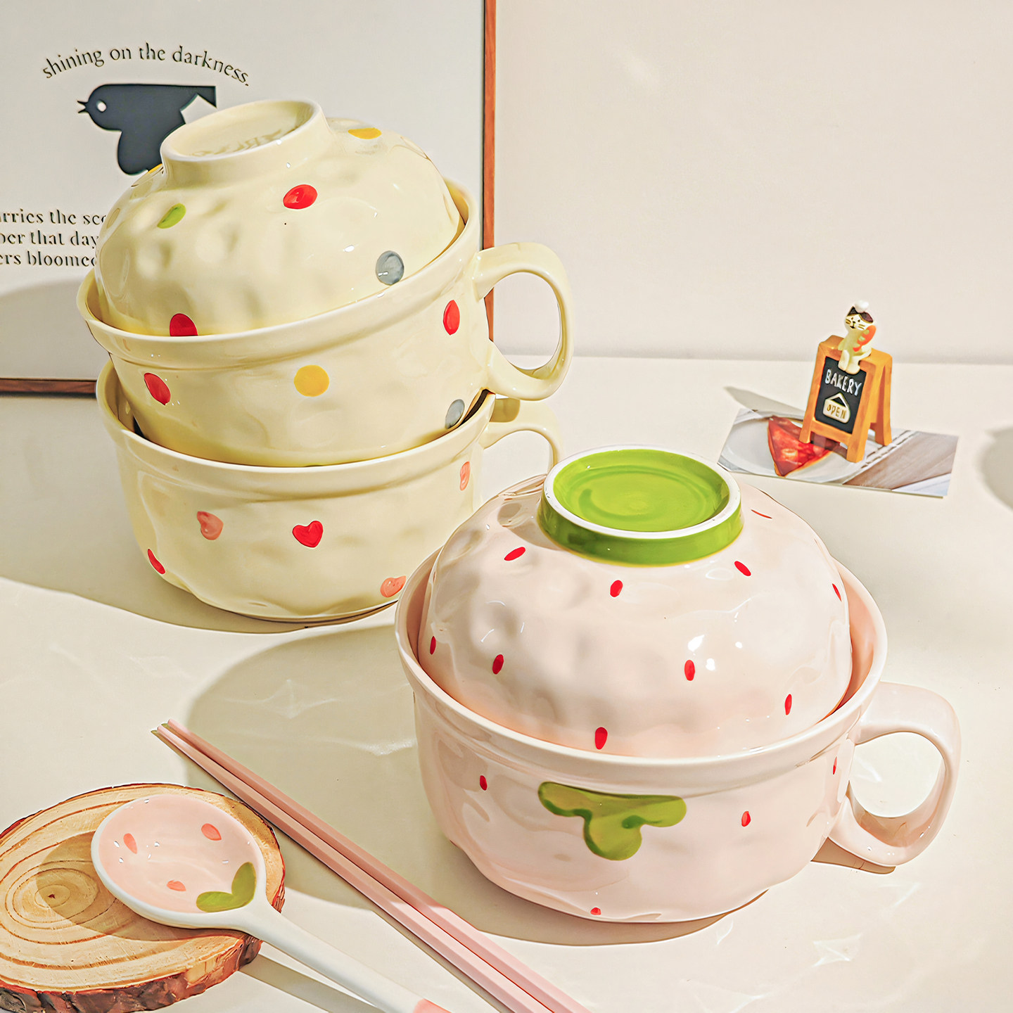 奶油风泡面碗带盖高颜值个人专用方便面碗陶瓷学生打饭碗筷套装,淘宝优惠券,粉丝福利购,淘宝优惠卷