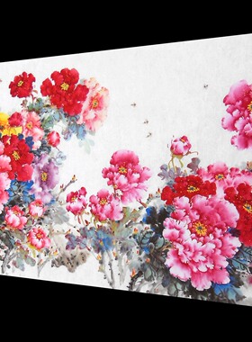 名家手绘牡丹国画真迹莫林小六尺横幅花开富贵牡丹图客厅装饰字画