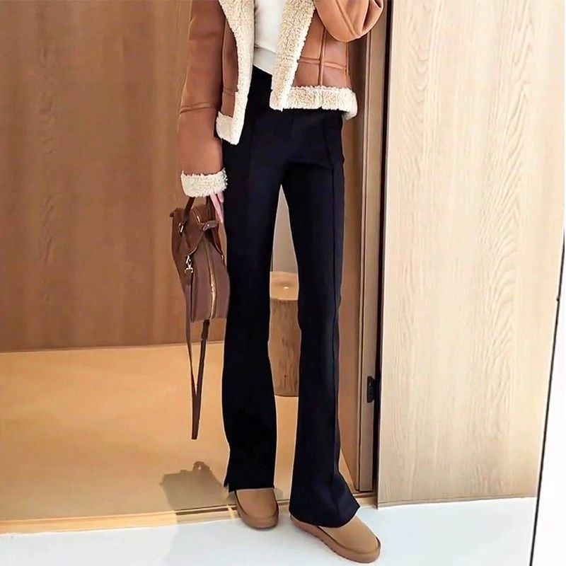 黑色加绒加厚微喇裤女冬季新款大码修身显瘦弹力开叉直筒西装裤子,淘宝优惠券,粉丝福利购,淘宝优惠卷