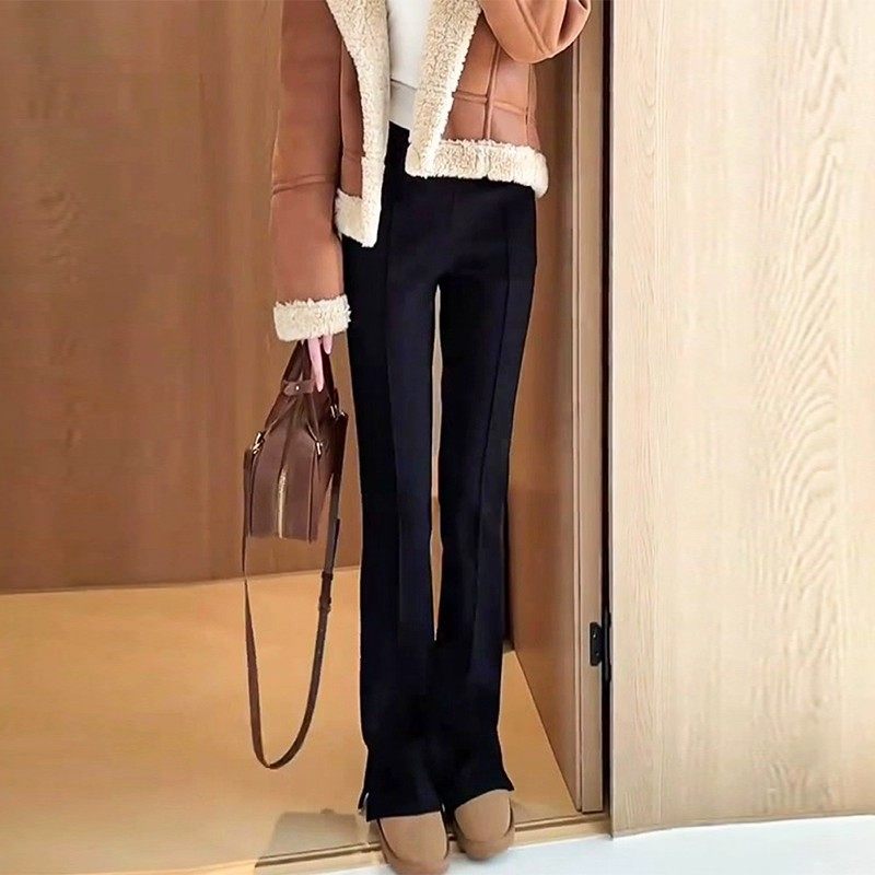 黑色加绒加厚微喇裤女冬季新款大码修身显瘦弹力开叉直筒西装裤子,淘宝优惠券,粉丝福利购,淘宝优惠卷