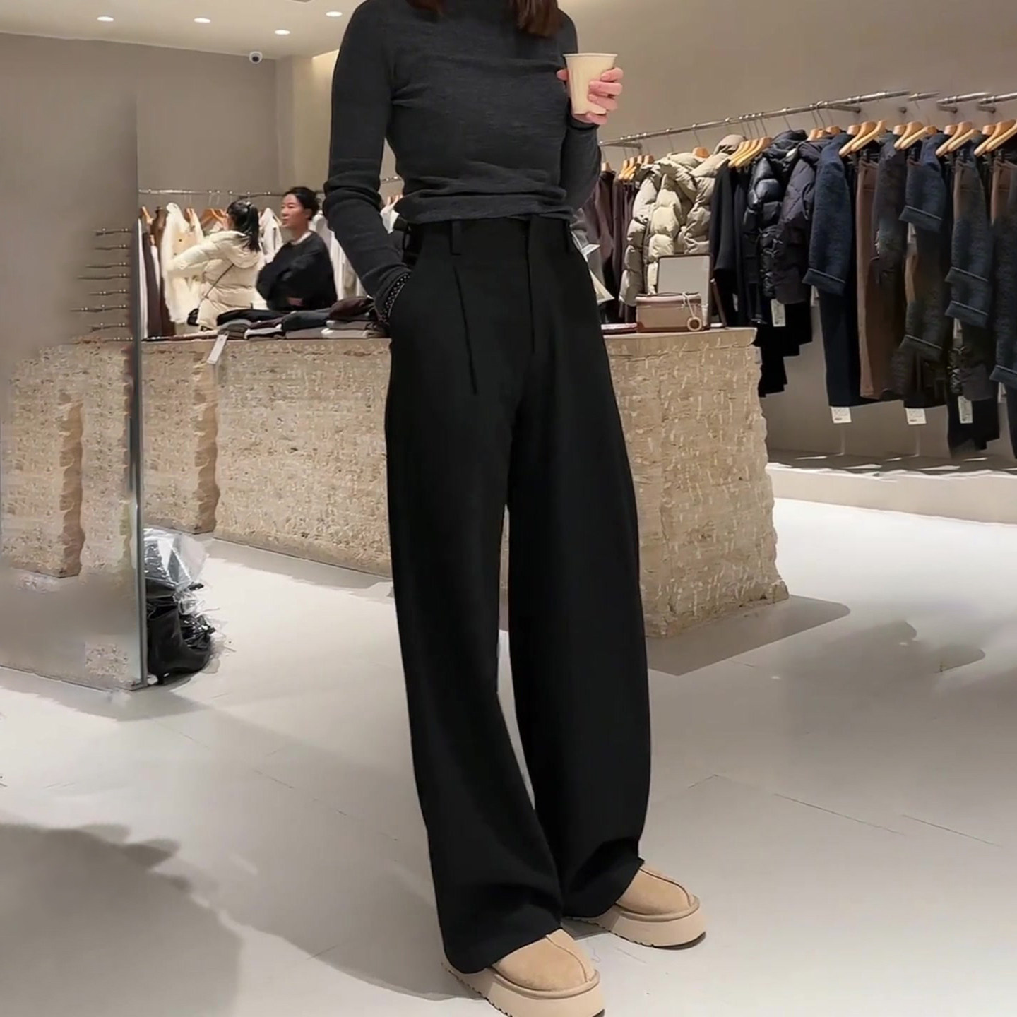 极简黑色毛呢休闲裤女秋冬新款高腰显瘦时尚百搭窄版直筒阔腿裤子,淘宝优惠券,粉丝福利购,淘宝优惠卷