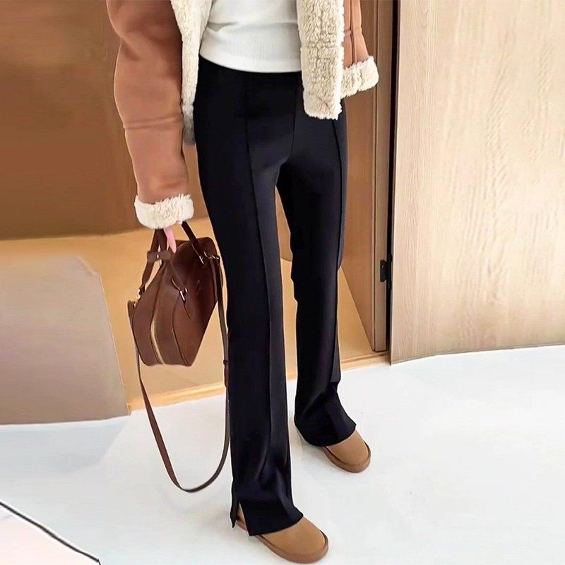 黑色加绒加厚微喇裤女冬季新款大码修身显瘦弹力开叉直筒西装裤子,淘宝优惠券,粉丝福利购,淘宝优惠卷