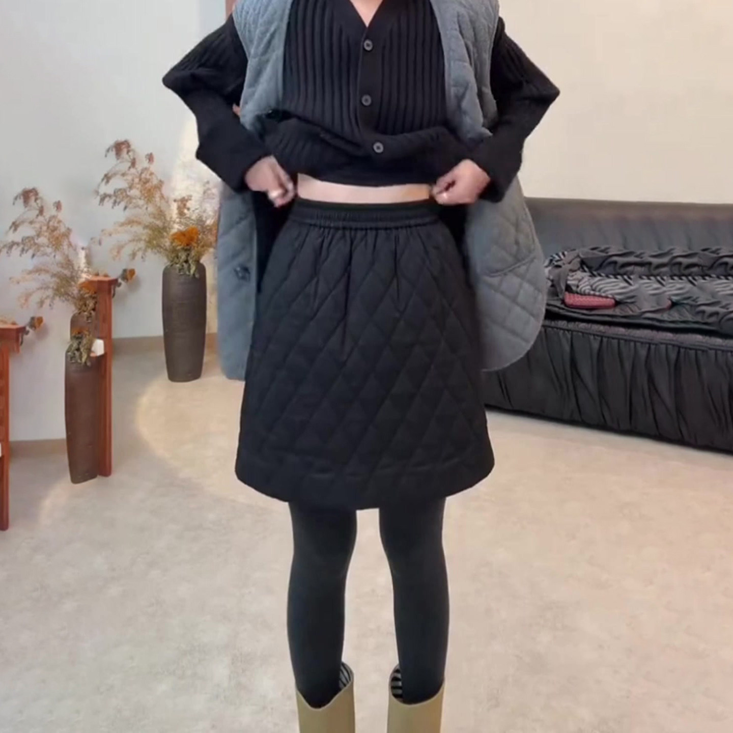 黑色夹棉短裙女秋冬新款松紧腰显瘦遮肉时尚百搭减龄休闲半身裙子,淘宝优惠券,粉丝福利购,淘宝优惠卷