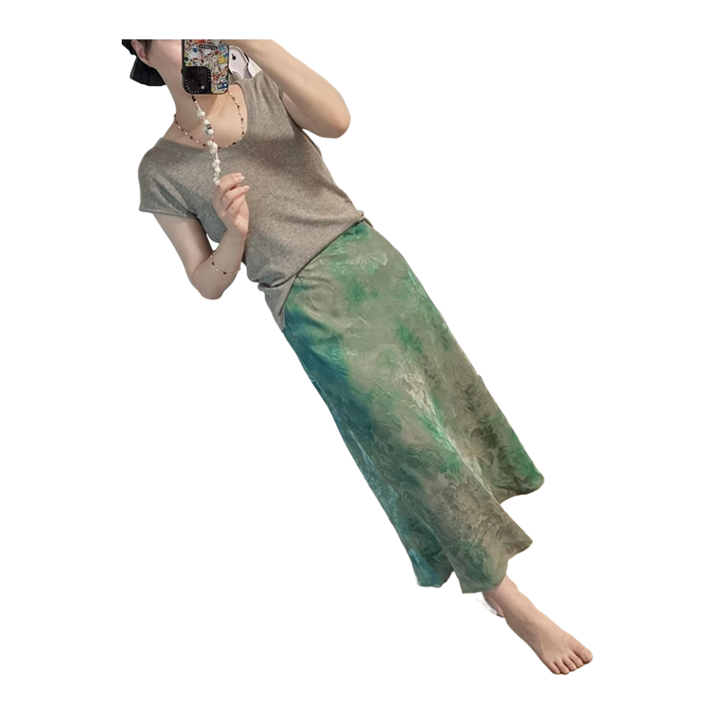 轻国风气质优雅百搭a字裙女2025夏季新款高腰显瘦绿色印花半身裙,淘宝优惠券,粉丝福利购,淘宝优惠卷