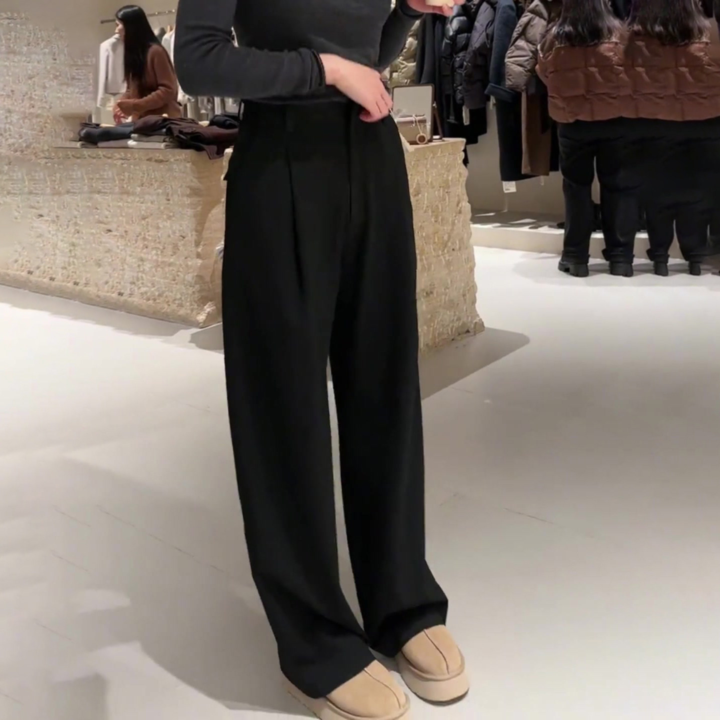 极简黑色毛呢休闲裤女秋冬新款高腰显瘦时尚百搭窄版直筒阔腿裤子,淘宝优惠券,粉丝福利购,淘宝优惠卷
