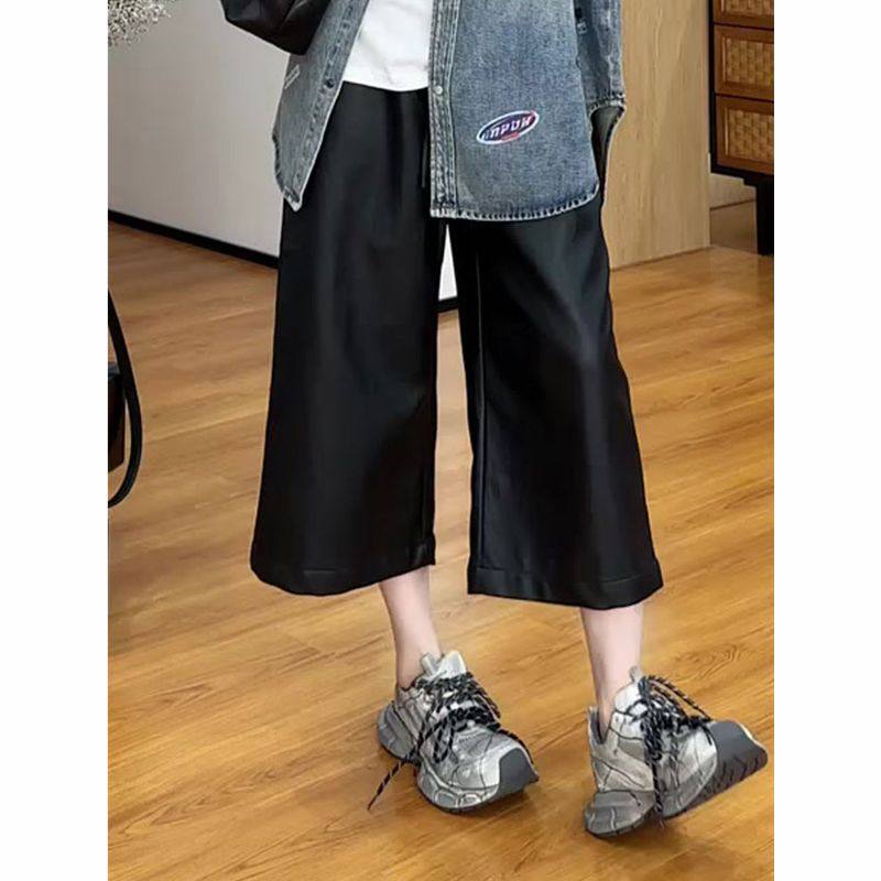 黑色收腰七分阔腿皮裤女2025年秋季新款宽松显瘦百搭时尚感休闲裤,淘宝优惠券,粉丝福利购,淘宝优惠卷