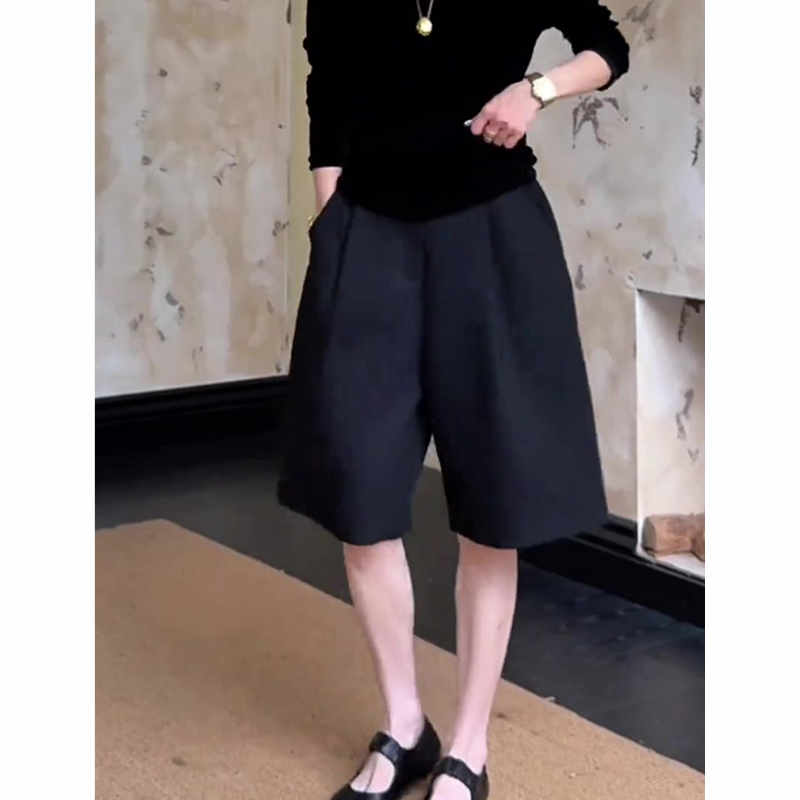 黑色压褶五分毛呢短裤女秋季流行新款宽松显瘦阔腿裤百搭直筒裤子,淘宝优惠券,粉丝福利购,淘宝优惠卷