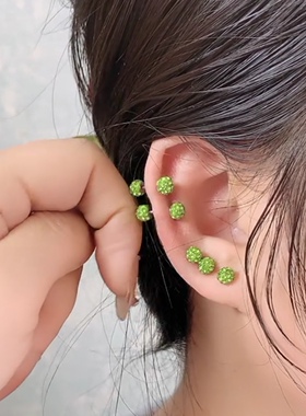 绿色双头螺丝拧扣耳骨钉高级感耳蜗钉钻石小耳环爆闪养耳洞耳饰女