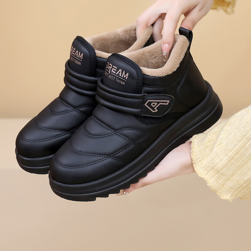 2025冬季新款老北京棉鞋皮面防水中筒雪地靴加绒加厚魔术贴妈妈靴 - 图1