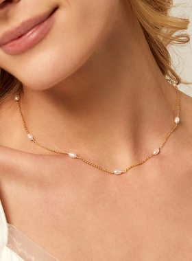 天然珍珠锁骨链双层14K包金项链