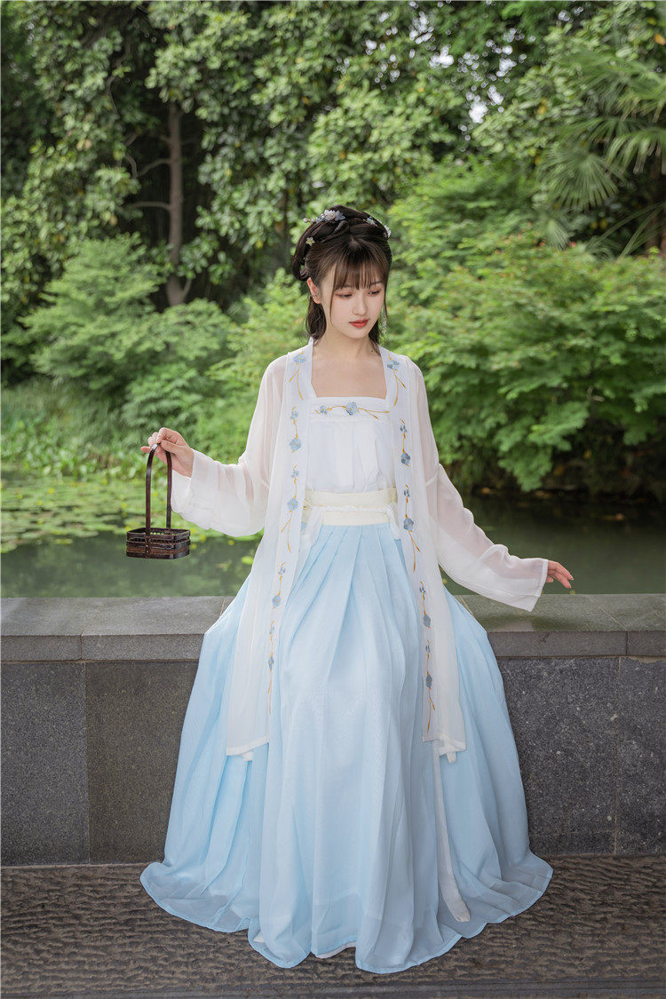 (花语归)原创汉服女宋制对襟褙子日常夏款齐腰褶裙三件套学生装_虎窝淘