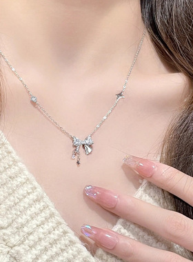 S999纯银项链女四芒星蝴蝶结ins风简约小众高级感星星设计锁骨链