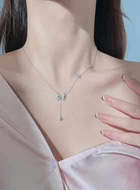 s925纯银项链女流苏蝴蝶结轻奢小众高级感镶钻锁骨链百搭包邮