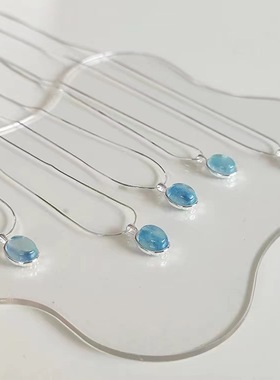 S925纯银项链女海蓝宝椭圆轻奢独特设计ins蛇骨链宝石吊坠锁骨链