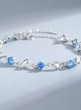 镀银海洋之心套装蓝水晶心形手链锆石爱心项链饰品