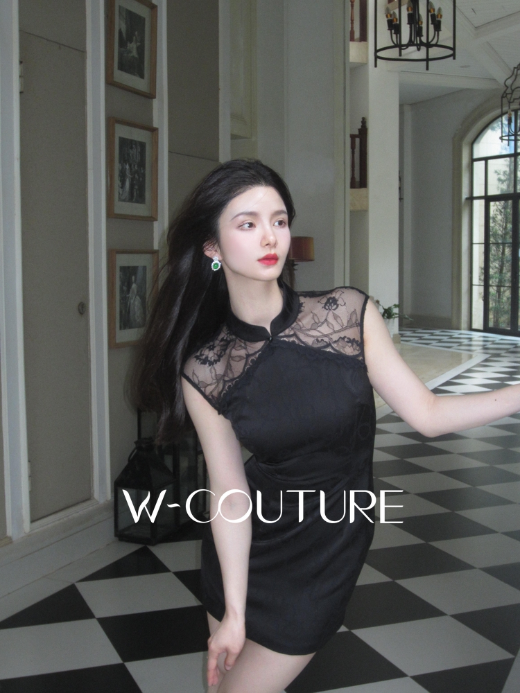 黑寡妇Wcouture原创 新中式美人 蕾丝拼接黑色修身短款旗袍连衣裙 - 图3