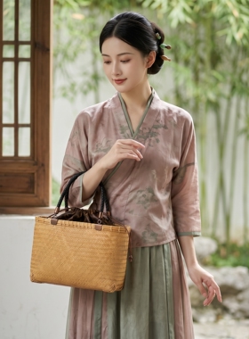 手工竹编提篮子女士手提包度假风编织收纳包复古收纳皮把竹丝拎包