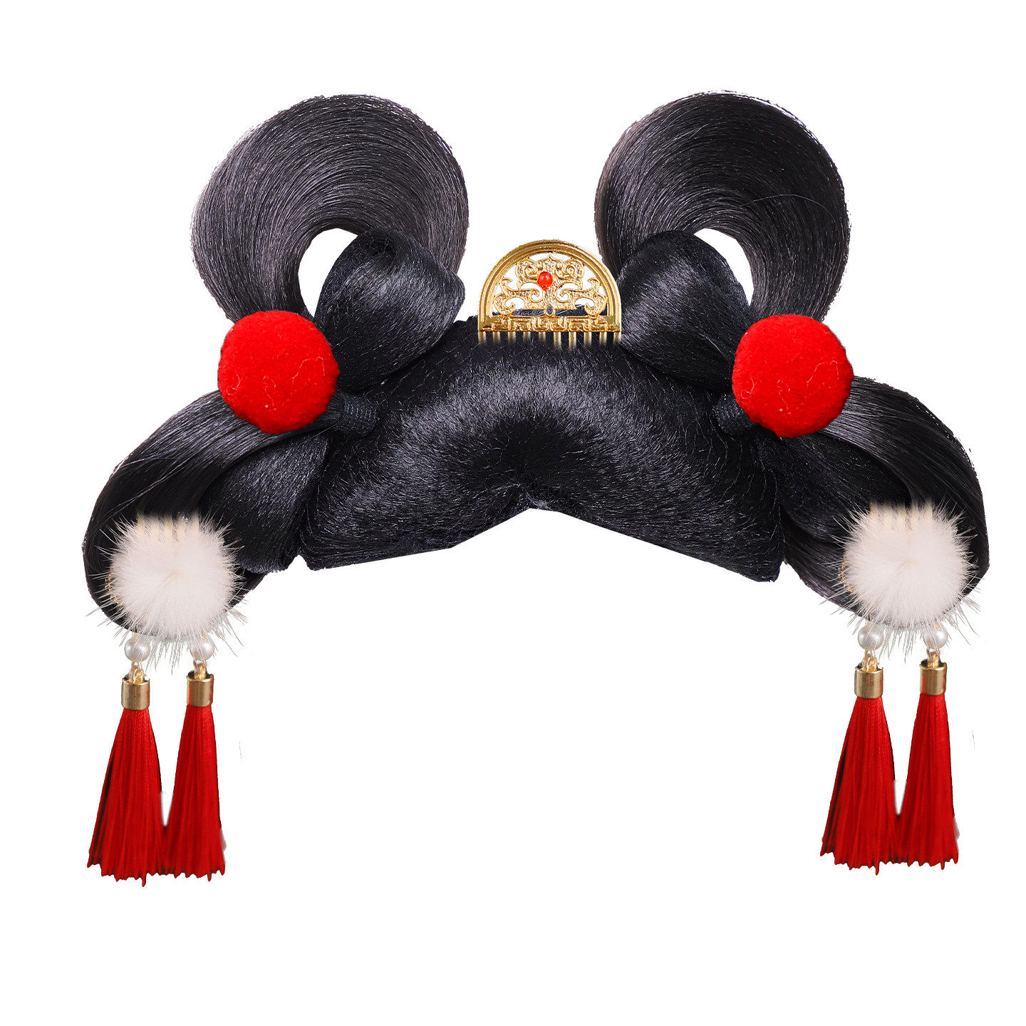 古装汉服造型蝴蝶结假发红色喜庆毛球U钗扭扭棒花朵穗子流苏发饰,淘宝优惠券,粉丝福利购,淘宝优惠卷