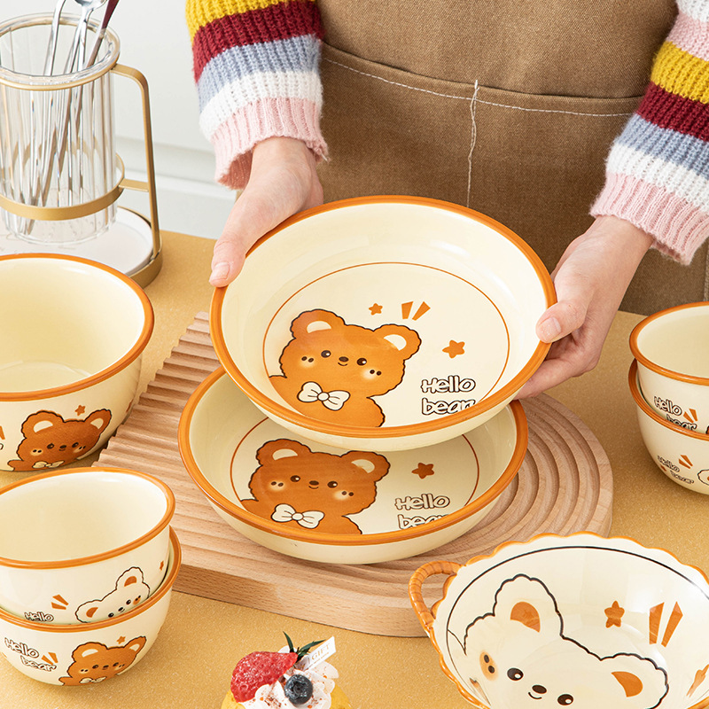 卡通小熊可爱陶瓷餐具碗碟套装家用一二人食碗盘饭碗盘子情侣碗筷 - 图1