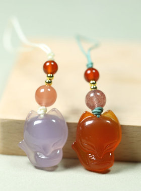 纯天然玉髓玛瑙小狐狸手机链挂件