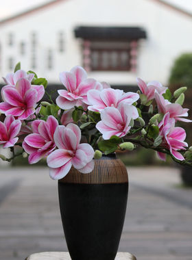 3D手感玉兰仿真花束客厅餐厅假花摆件装饰花艺套装花瓶插花花卉