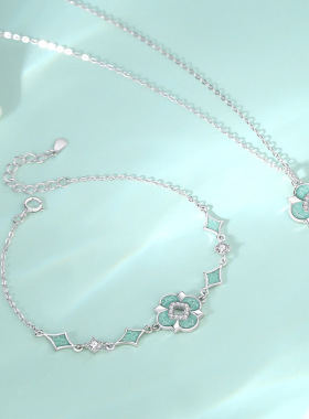 青花瓷菱形四叶草锁骨链纯银