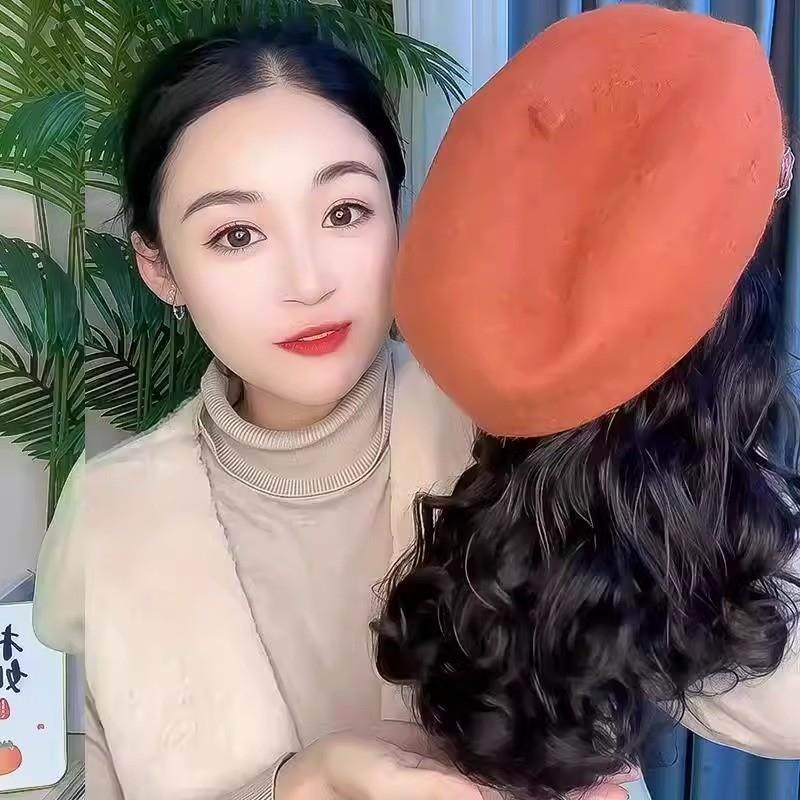 新款秋冬帽子假发一体女羊毛呢显白砖红贝雷帽短卷发妈妈帽全头套,淘宝优惠券,粉丝福利购,淘宝优惠卷