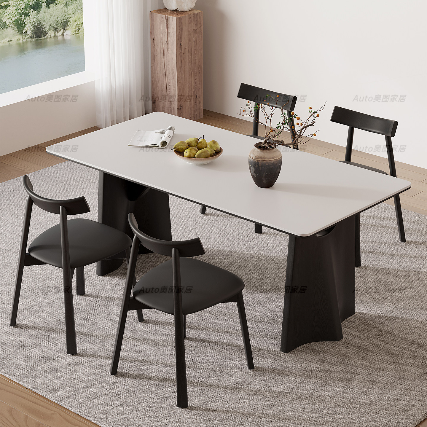 意式极简岩板餐桌小户型家用现代简约法式侘寂风长方形实木餐桌椅,淘宝优惠券,粉丝福利购,淘宝优惠卷