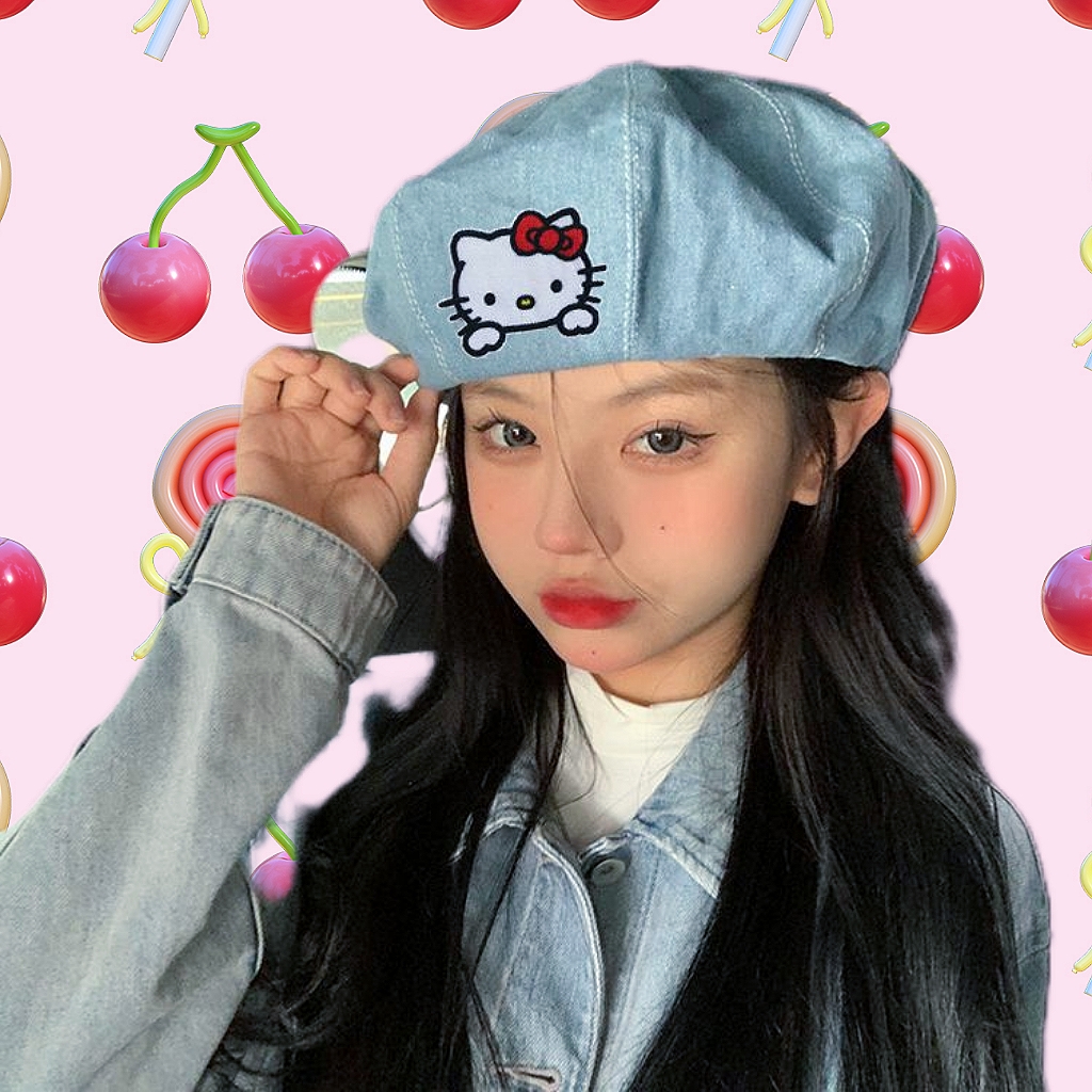 可爱甜美hellokitty牛仔贝雷帽南瓜帽卡通甜酷辣妹风帽子女显脸小 - 图1