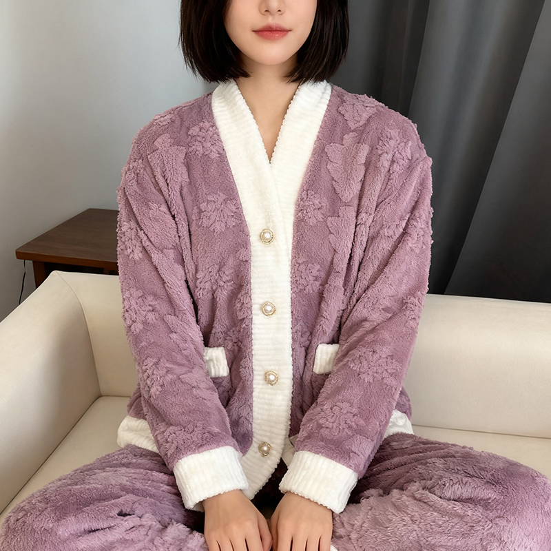 睡衣女秋冬季2025新款法兰绒加厚V领舒棉绒长袖长裤少女居家服套