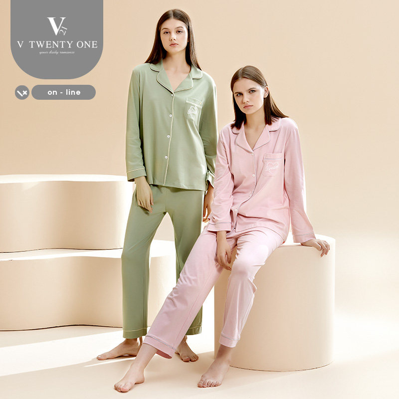 v21秋季纯棉长袖可外穿2021年睡衣 v21睡衣/家居服套装