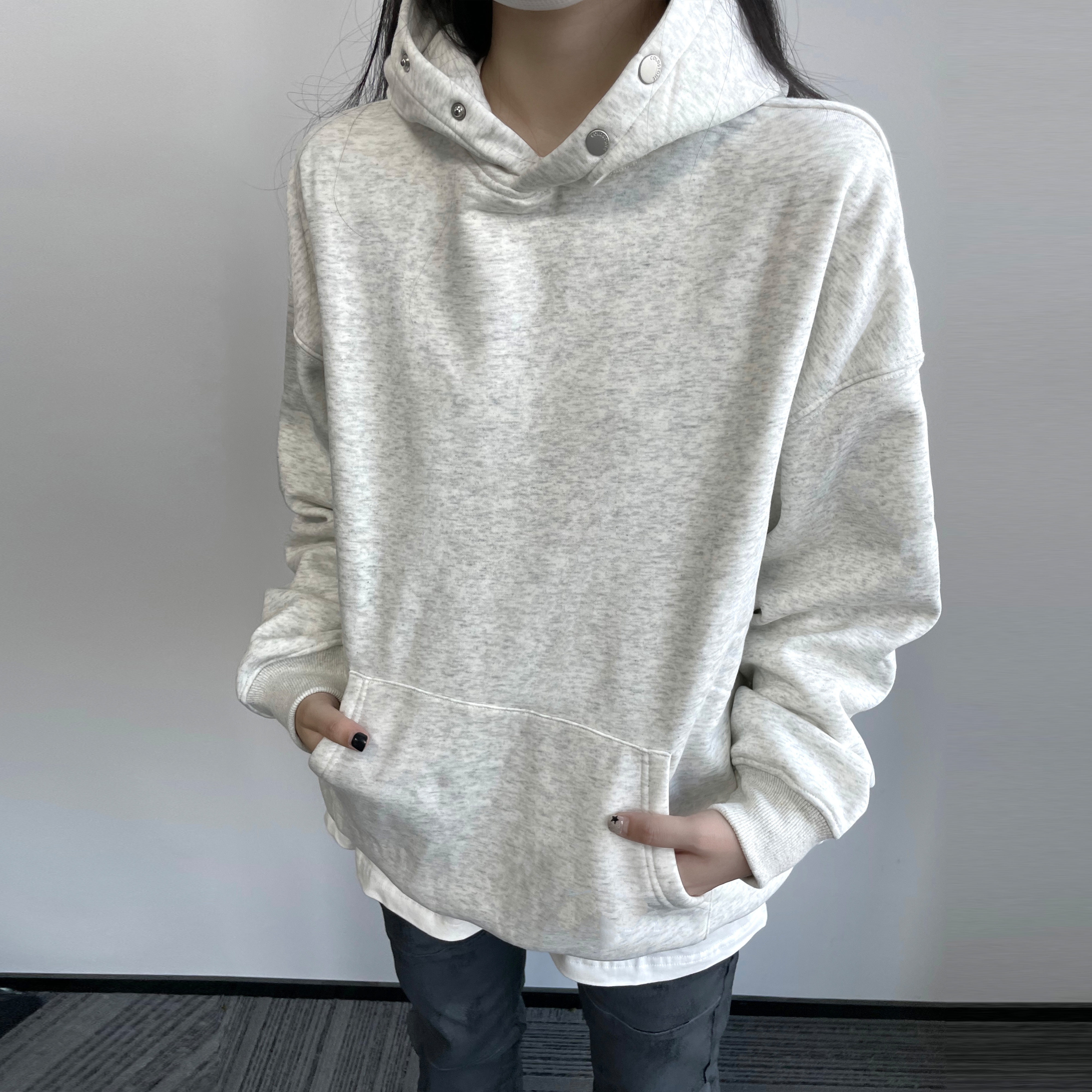 何洁同款 COLDSTONE秋冬基础排扣纯色加绒帽衫针织男女连帽卫衣