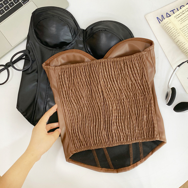 酷辣性感PU皮修身显瘦无袖抹胸不规则短款背心上衣女2025秋季新款 - 图2