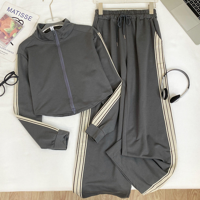 休闲运动风立领长袖卫衣外套+高腰显瘦撞色边阔腿长裤两件套装女,淘宝优惠券,粉丝福利购,淘宝优惠卷