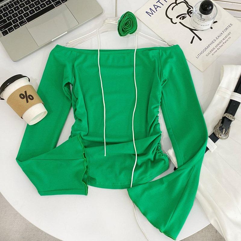 法式设计感百搭一字领花朵喇叭长袖修身辣妹褶皱打底衫T恤上衣女,淘宝优惠券,粉丝福利购,淘宝优惠卷