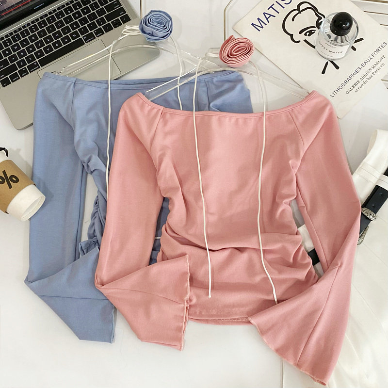 法式设计感百搭一字领花朵喇叭长袖修身辣妹褶皱打底衫T恤上衣女,淘宝优惠券,粉丝福利购,淘宝优惠卷