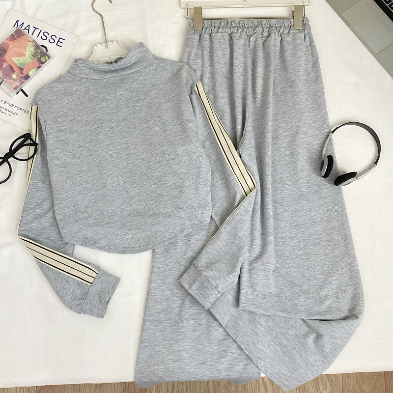 休闲运动风立领长袖卫衣外套+高腰显瘦撞色边阔腿长裤两件套装女,淘宝优惠券,粉丝福利购,淘宝优惠卷