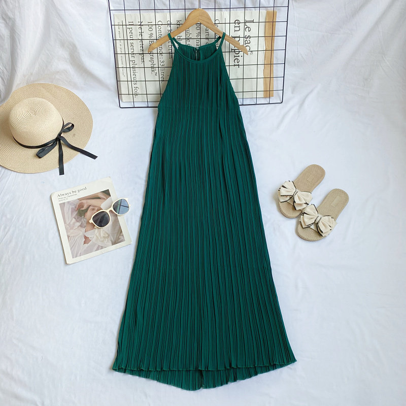时尚百搭复古挂脖百褶收腰显瘦无袖中长款吊带连衣裙女2024春夏款,淘宝优惠券,粉丝福利购,淘宝优惠卷