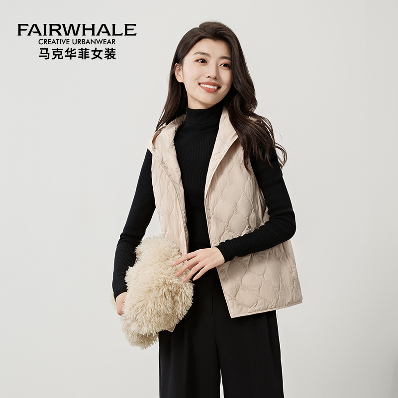 马克华菲连帽羽绒马甲女葫芦纹绗线时尚简约保暖2025冬季新款马夹