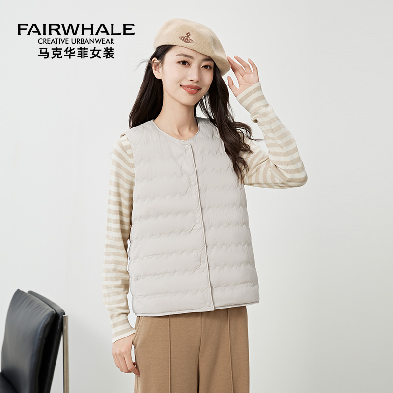 马克华菲短款羽绒马甲女2025冬季新款水波纹绗线纯色百搭马夹保暖