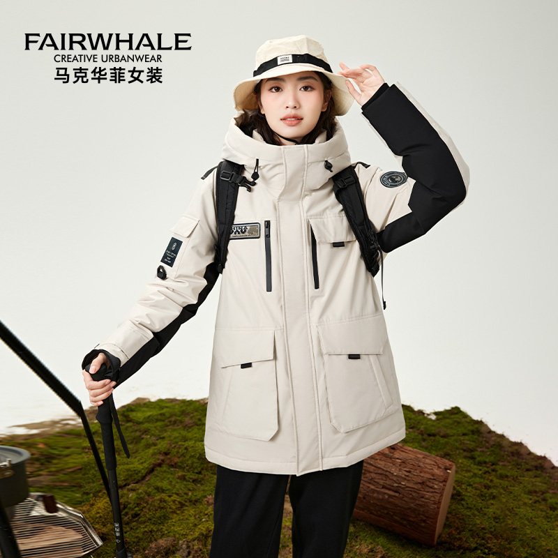 马克华菲中长款工装羽绒服女款2025冬季新款户外运动保暖冬装外套