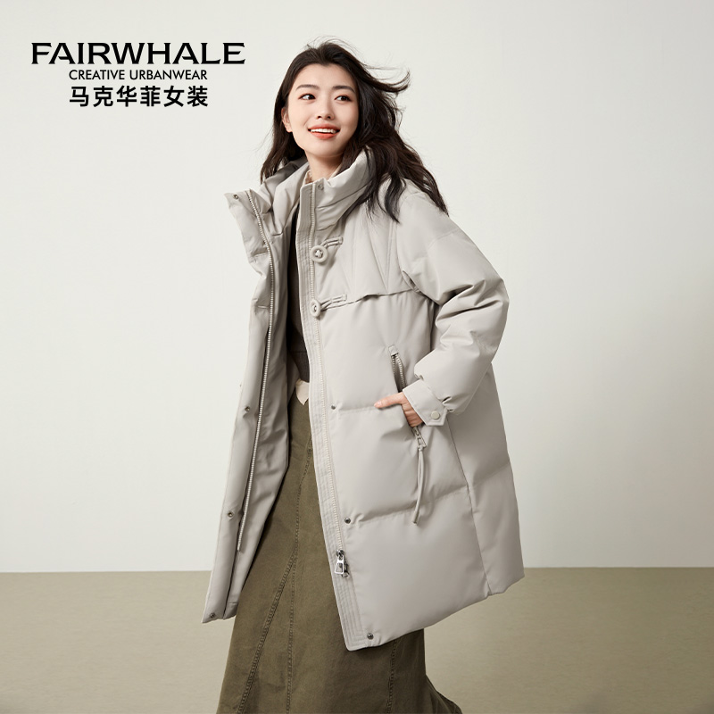 马克华菲中长款连帽羽绒服女款2025冬季新款时尚休闲保暖防风外套