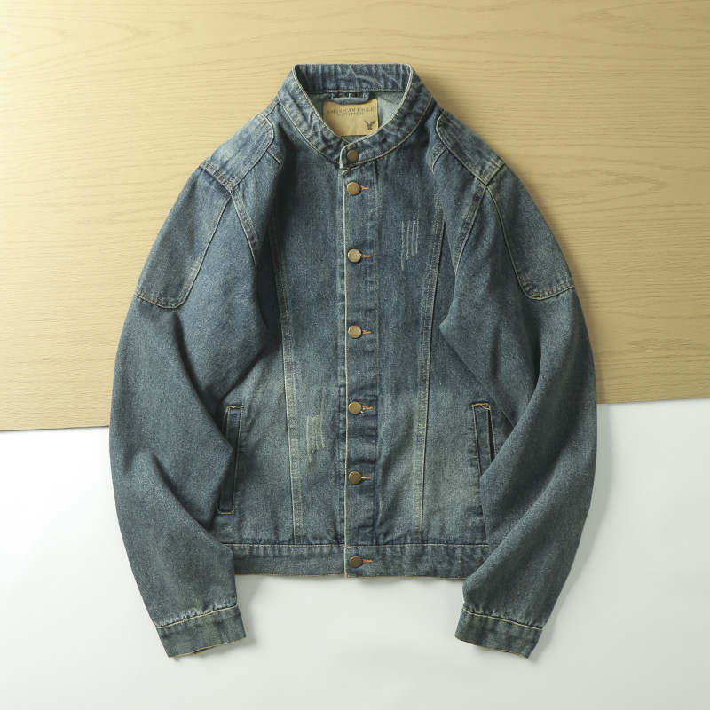 Stand collar spring and autumn casual retro distressed men's denim jacket