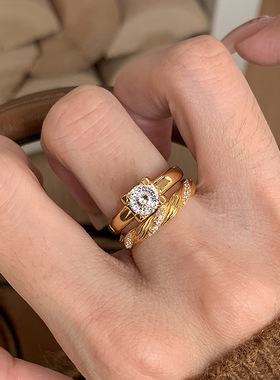 小红书爆款法式轻奢黄金色牛头钻戒指女秋冬显贵手饰品一件代发