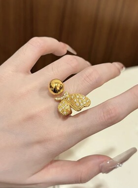 金店同款沙金饰品点钻圆珠蝴蝶开口戒指女小众轻奢高级感指环配饰