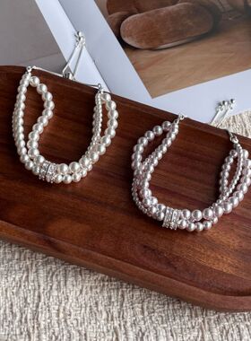 三层曼塔玫瑰施家珍珠手链奥白色微镶锆石手串女轻奢精致小众设计